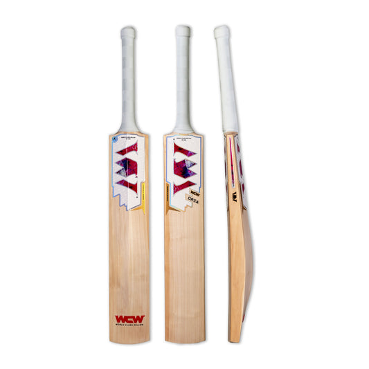 WCW ORCA cricket bat in Summit Gold, shown from three angles